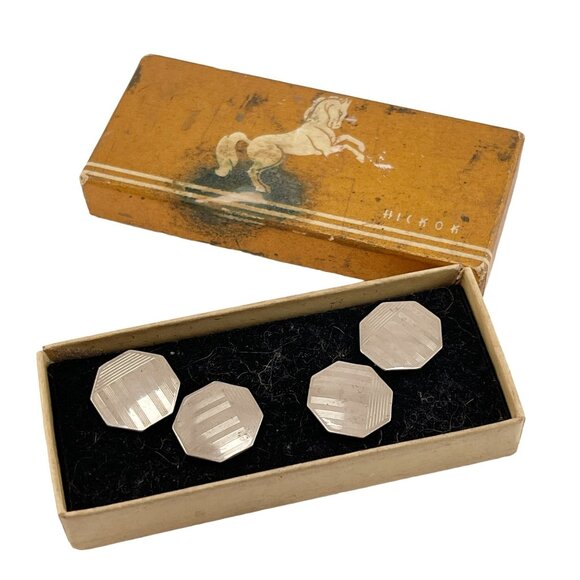 Art Deco Hickok Snap Cufflinks Silver Tone Octagonal Etched Antique1920s in Box - Picture 1 of 7
